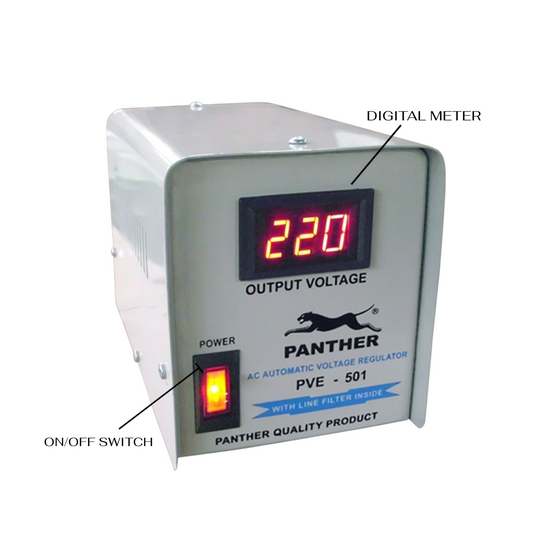 Panther PVE-501 AC Automatic Voltage Regulator with a digital output meter showing 220V and an on/off switch, labeled with callout lines on a white background.