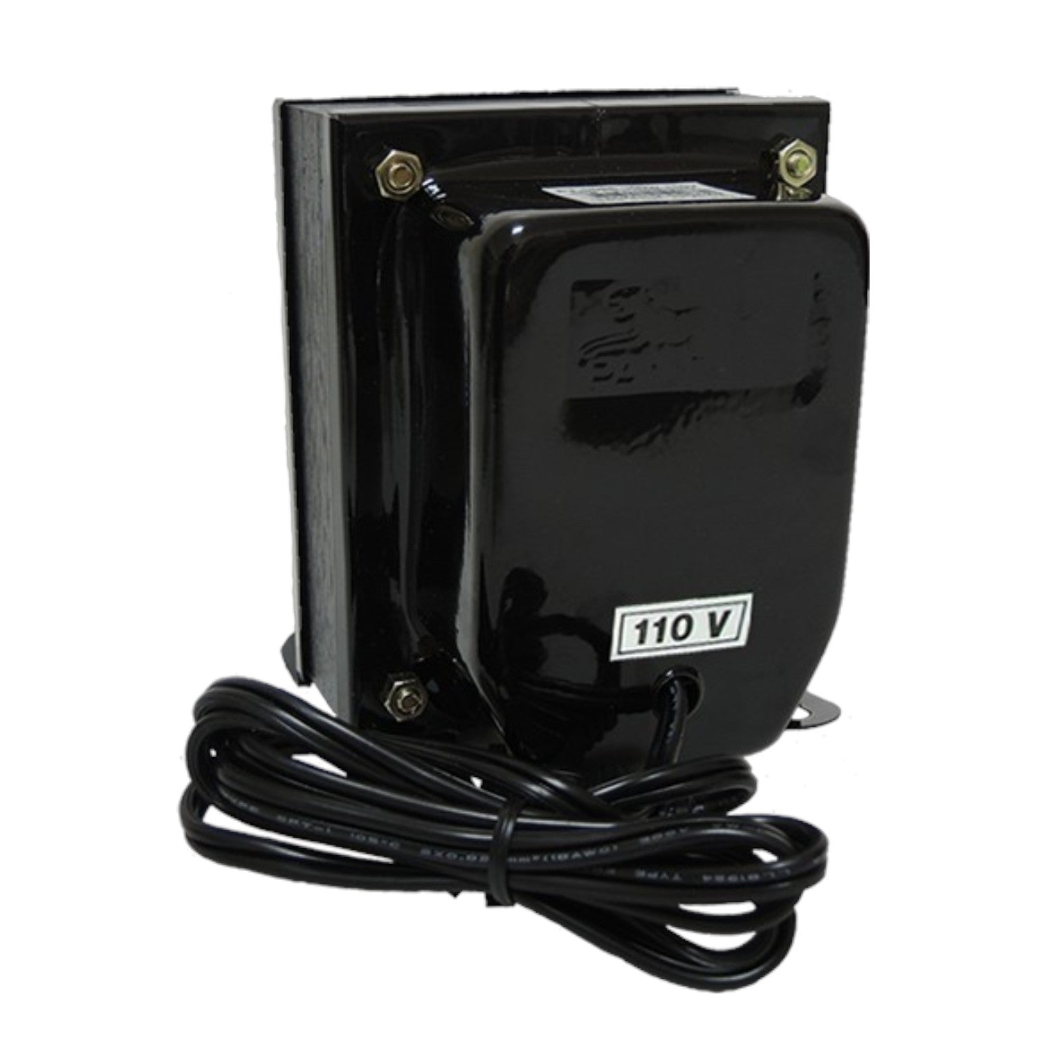 A black electrical transformer with a coiled power cord, featuring a white label marked '110 V' on the front, set against a plain white background.