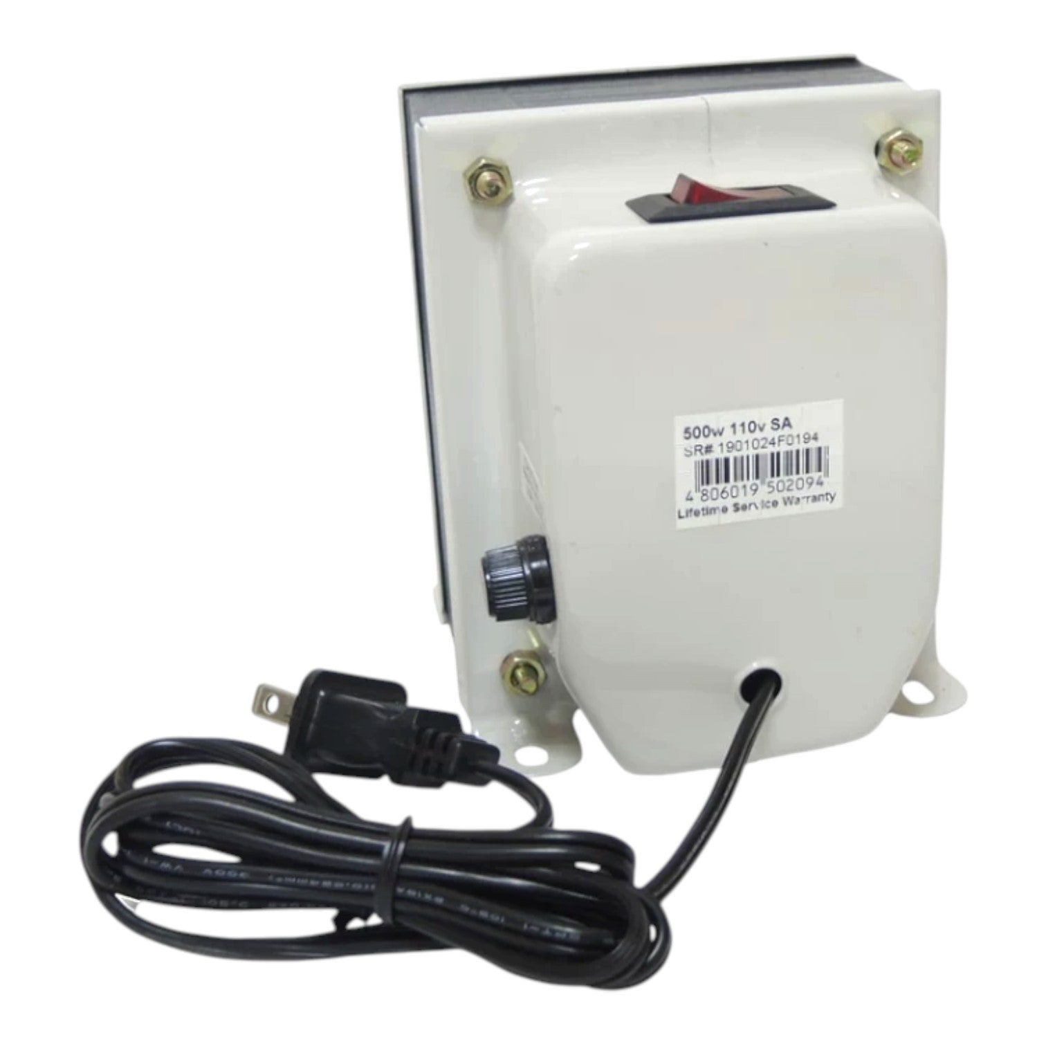 A white electrical transformer or power supply with a black power cord, a black rotary knob, and a red switch, shown on a plain white background.