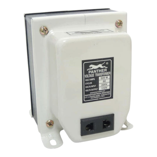 A white Panther Voltage Transformer with a black label and dual electrical outlets on the front, shown on a plain white background.