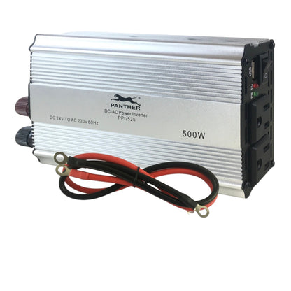 A Panther 500W DC-AC power inverter with a silver ribbed metal casing, black end panels, attached red and black cables, and visible port connectors on the side, shown on a plain white background.