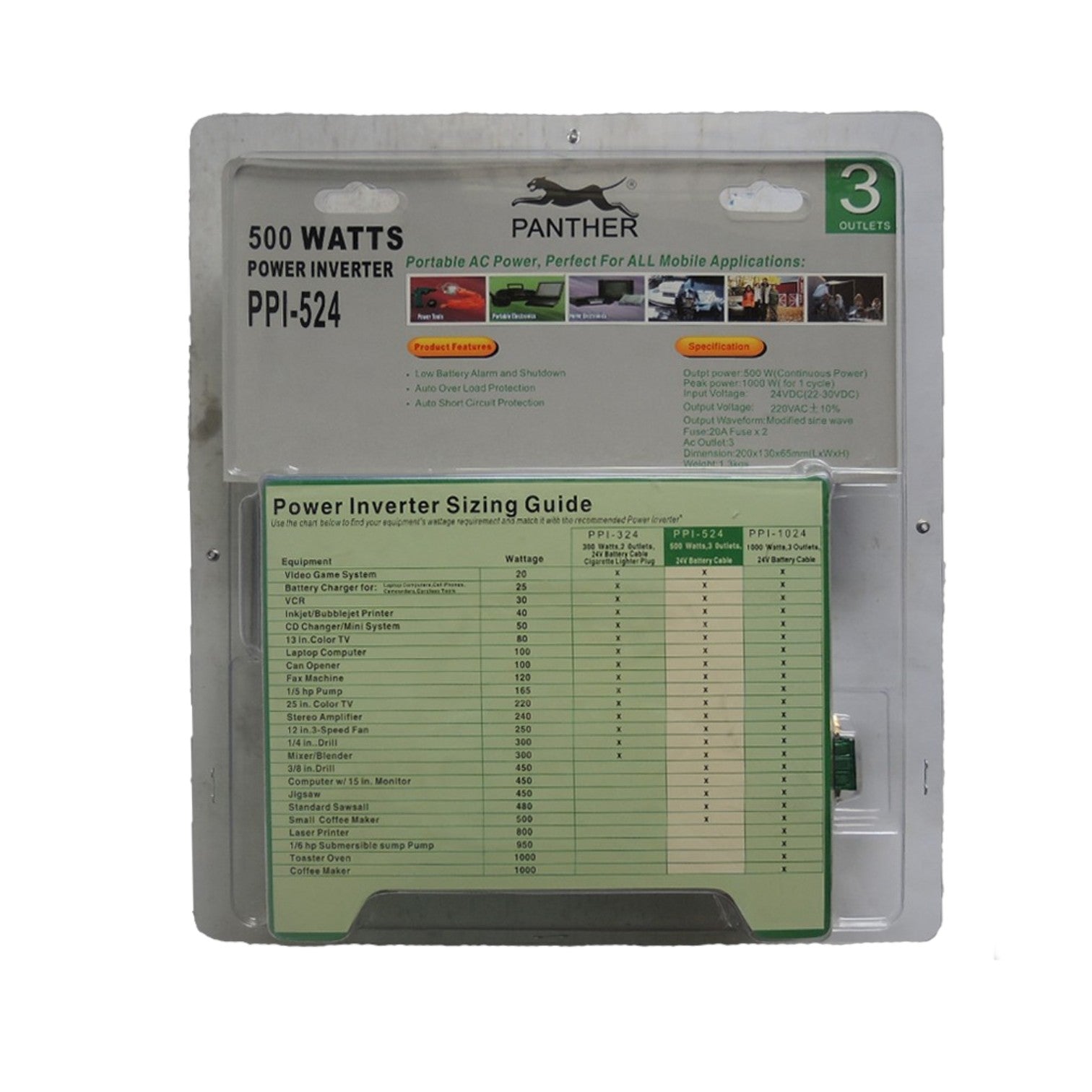 Panther PPI-524 500 Watt power inverter in its original retail blister packaging, featuring a green sizing guide insert.