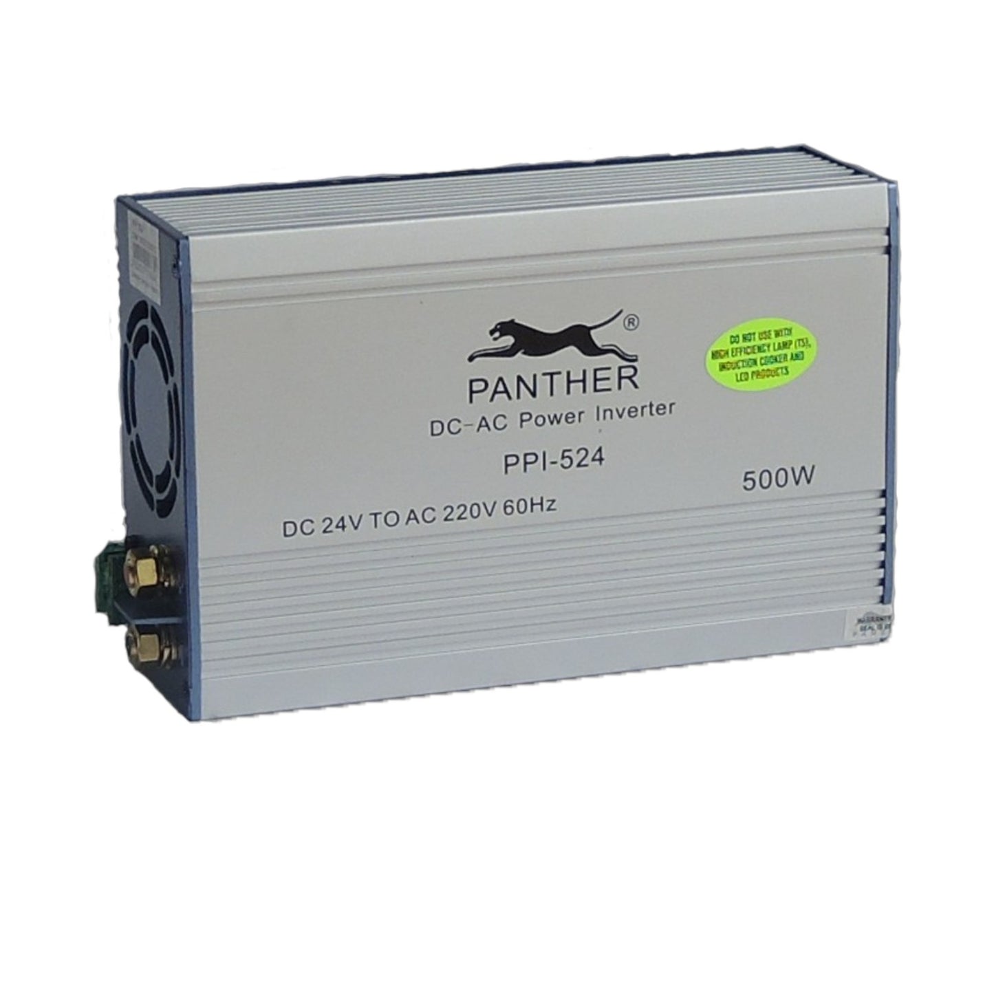A Panther PPI-524 DC-AC power inverter, 500W, shown at a three-quarter angle on a white background. The unit has a silver ribbed metal casing with blue-gray side panels, a black fan grille on the left, and a green circular sticker on the front.