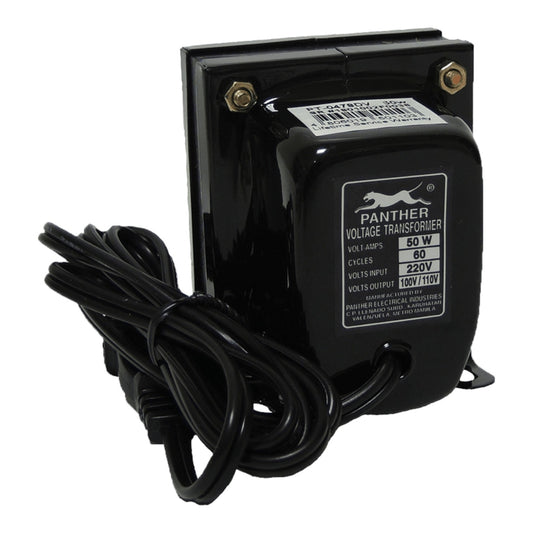 A black Panther brand voltage transformer with a coiled black power cord, shown against a plain white background.