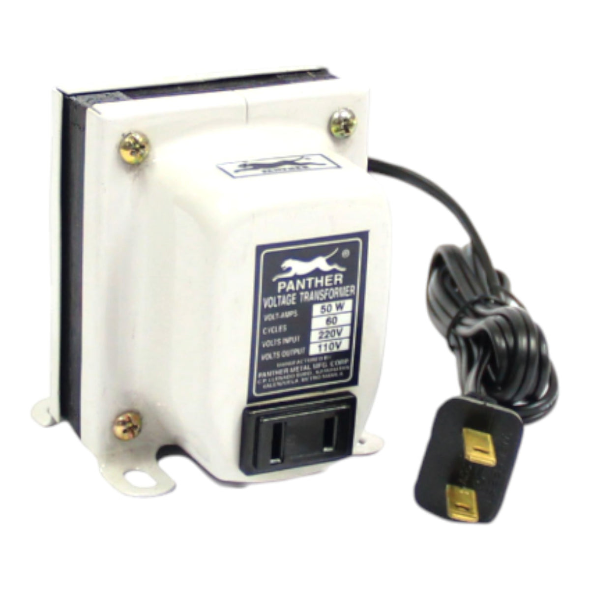 A white Panther Voltage Transformer with a black power cord and UK three-pin plug, shown on a white background.