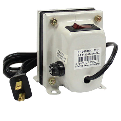 A 50W electrical transformer with a white plastic housing, a black power switch, a black rotary knob, and a black power cord with a gold-plated US plug, shown on a white background.