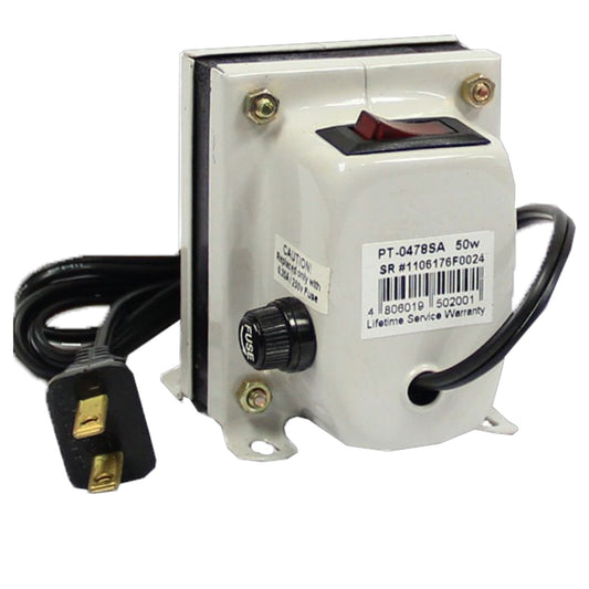 A 50W electrical transformer with a white plastic housing, a black power switch, a black rotary knob, and a black power cord with a gold-plated US plug, shown on a white background.