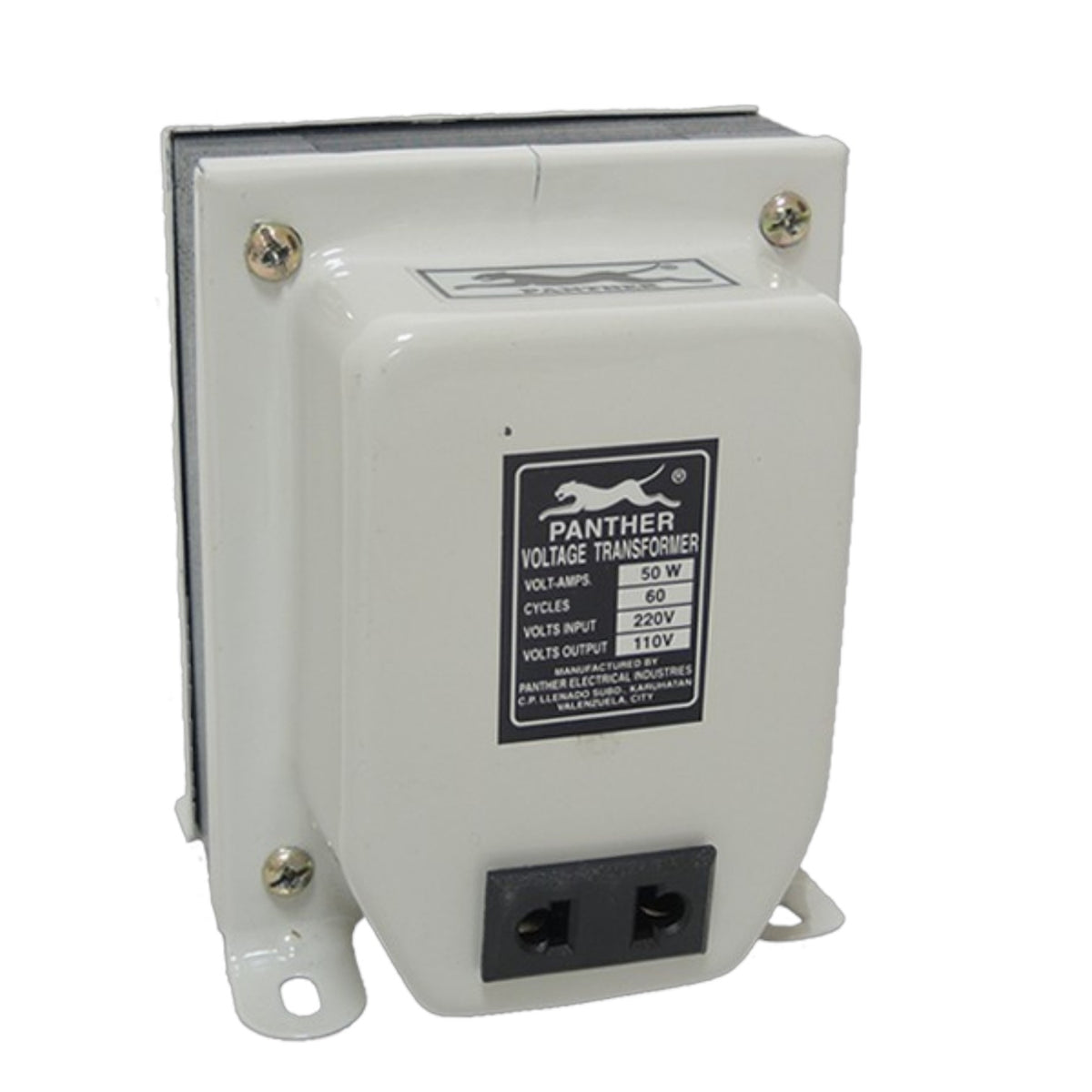 A white Panther Voltage Transformer with a black label and two power outlets on the front, shown on a plain white background.