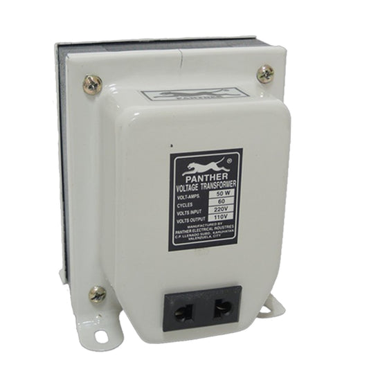 A white Panther Voltage Transformer with a black label and two power outlets on the front, shown on a plain white background.