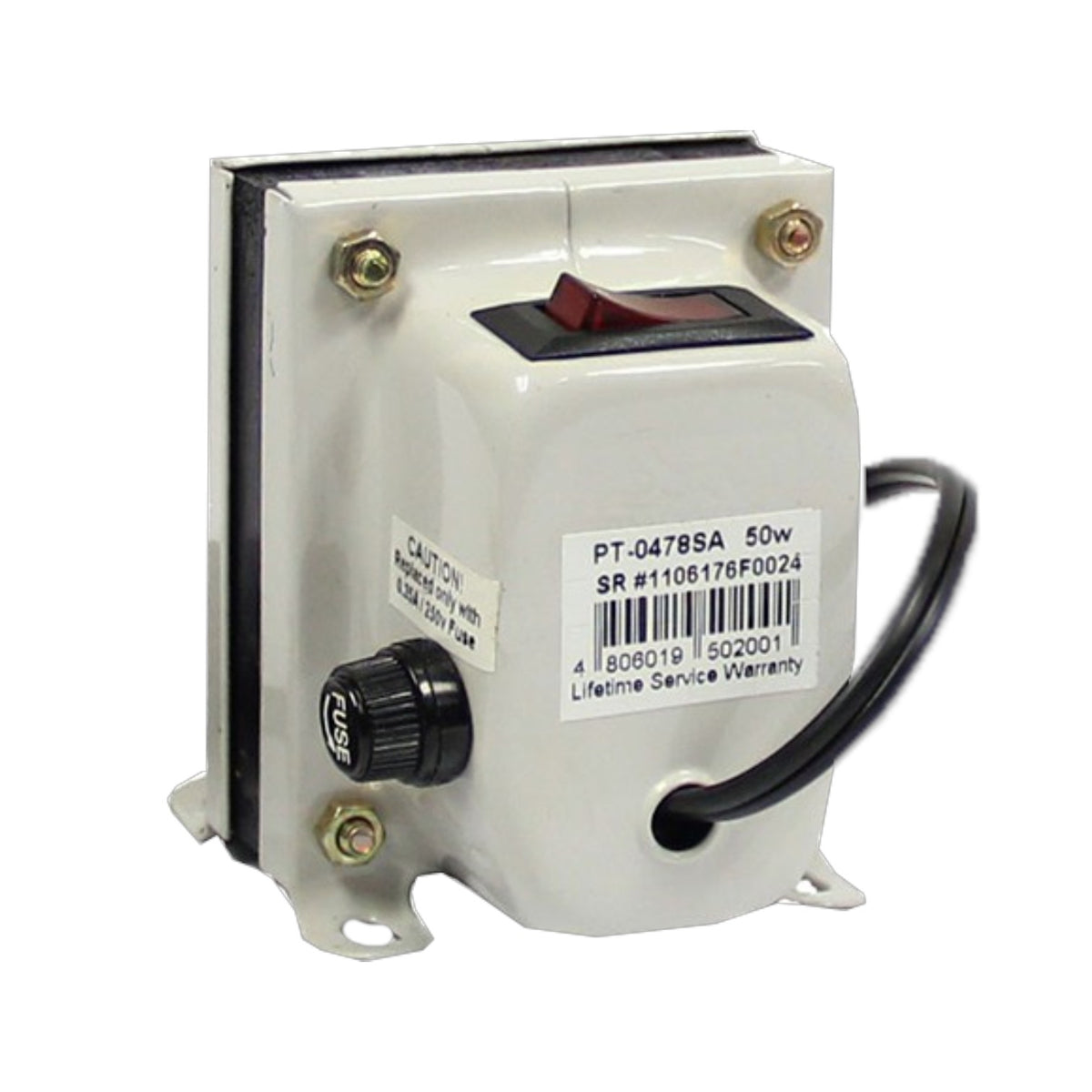 A 50W electrical transformer with a white metal casing, a red switch, a black dial, and a black wire, shown on a white background.