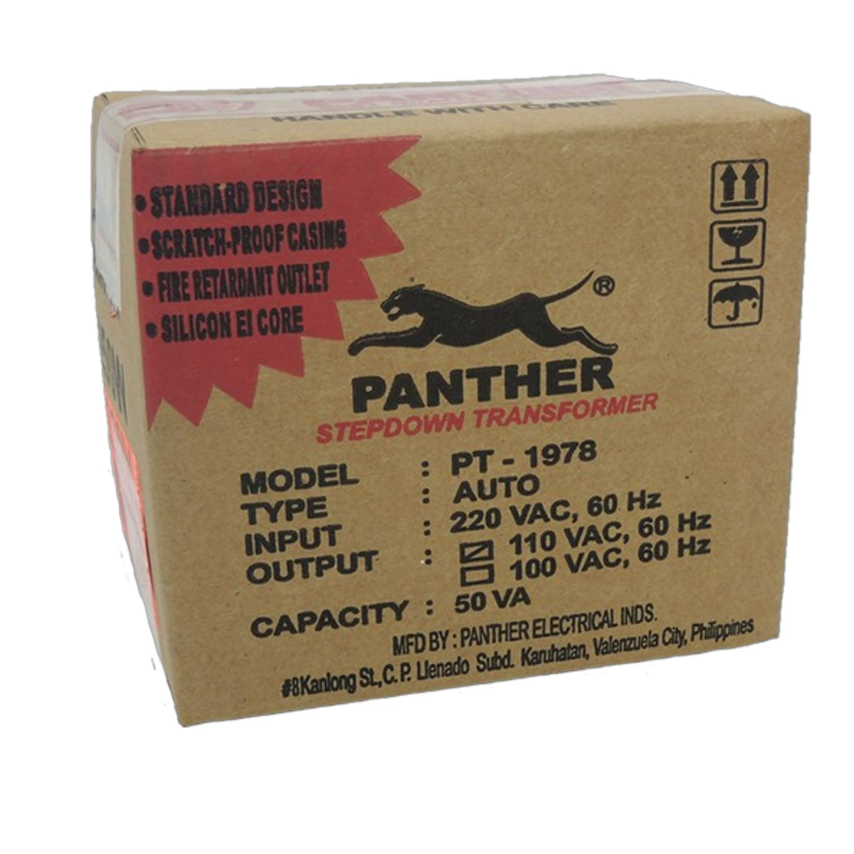 A brown cardboard box for a Panther Stepdown Transformer, model PT-1978, with black text and a red accent panel on the left side, photographed on a white background.