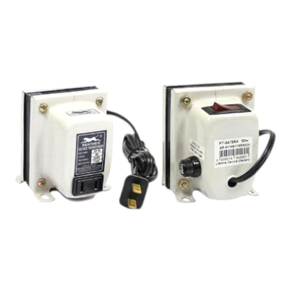 Two white marine electrical transformers shown side by side on a white background, one displaying the front label with the brand 'Galaxy' and the other showing the back with a red switch, black wiring, and a UK plug.