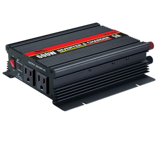 A 600W inverter and charger power supply unit with a black ribbed metal casing, featuring multiple AC outlets on the side, a red power switch, and a red, yellow, and white label on top.