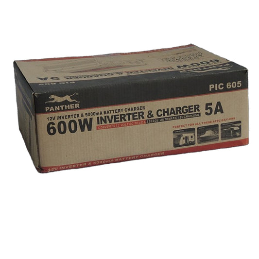 A cardboard box for a Panther 600W Inverter & Charger 5A (model PIC 605) on a plain white background.