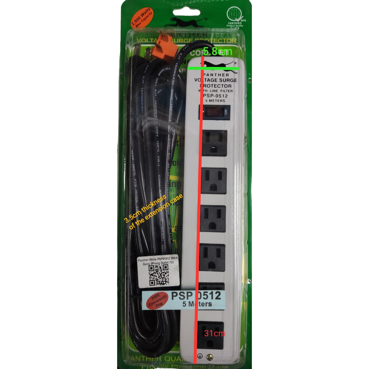 Panther 6 Gang Extension Cord Flat Pin with Ground PSP-0512 5 Meters 1 ...