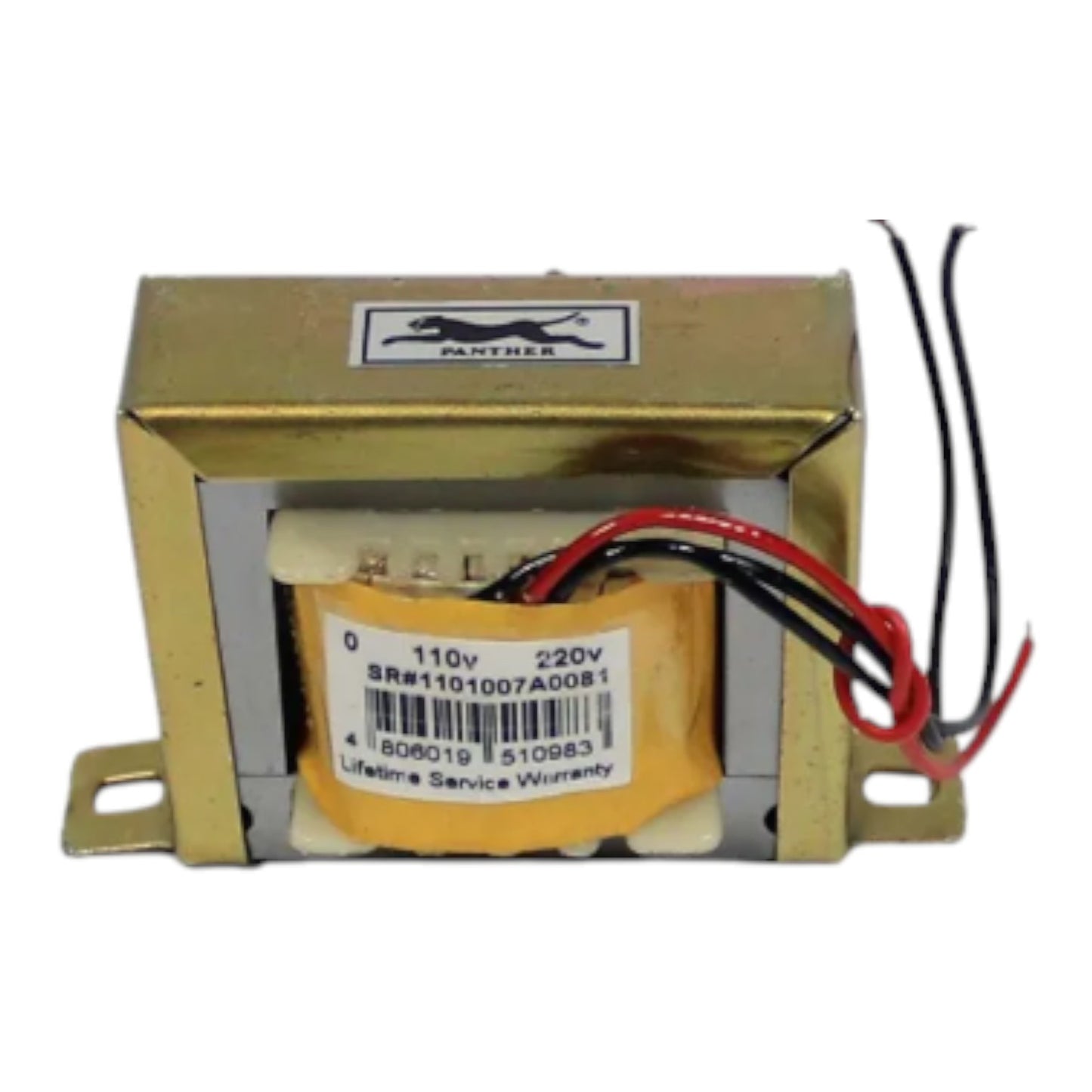 A small gold-colored metal transformer with attached wires, a printed label showing specifications and a barcode, and a Panther logo sticker on the top, isolated on a white background.