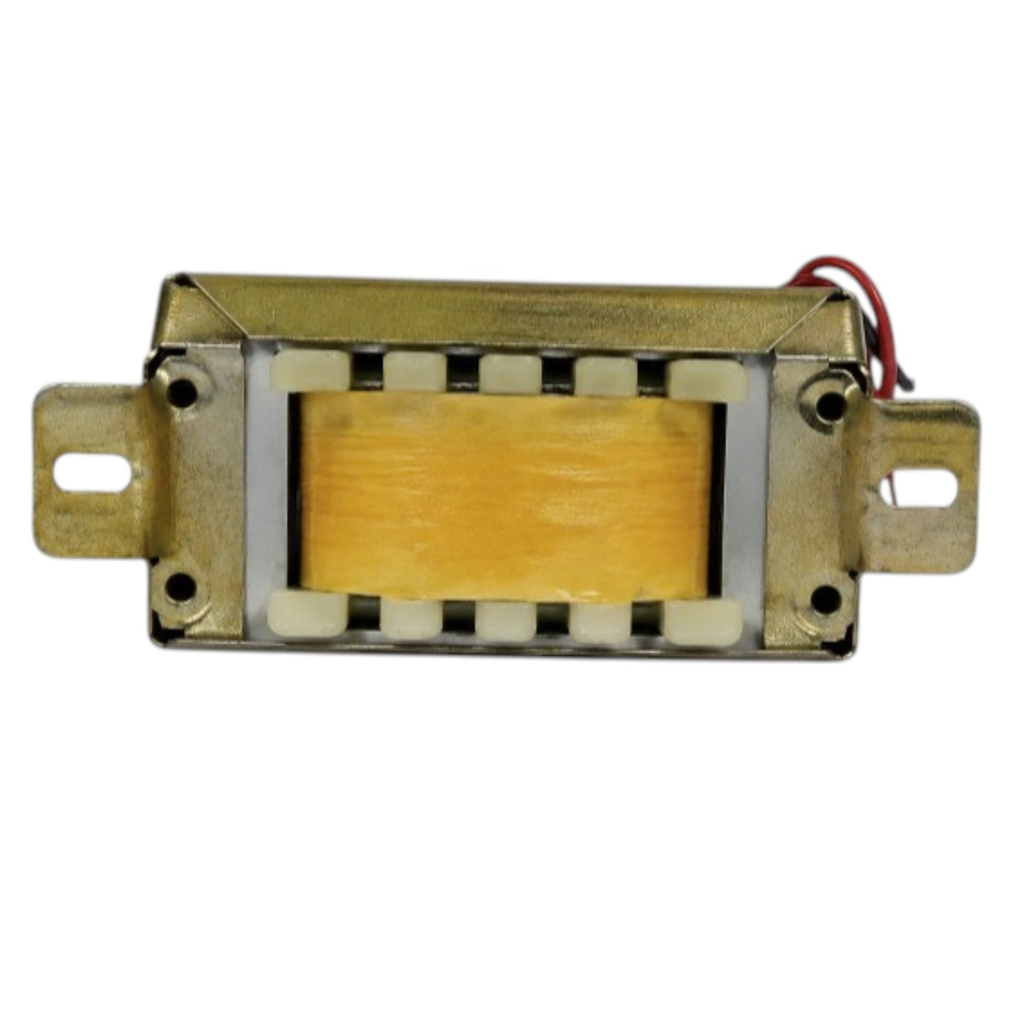 A rectangular gold-toned electronic component or transformer with a yellow center panel, metal mounting tabs on both sides, and a small red wire lead, shown on a plain white background.