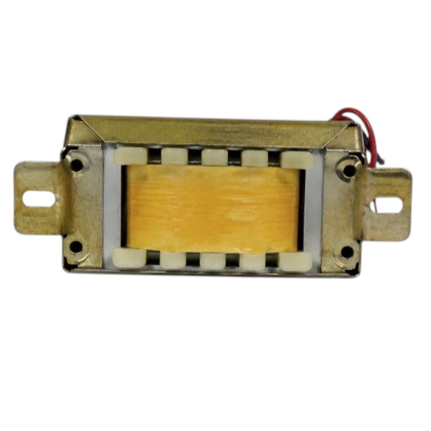 A rectangular gold-toned electronic component or transformer with a yellow center panel, metal mounting tabs on both sides, and a small red wire lead, shown on a plain white background.