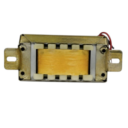 A rectangular gold-toned electronic component or transformer with a yellow center panel, metal mounting tabs on both sides, and a small red wire lead, shown on a plain white background.
