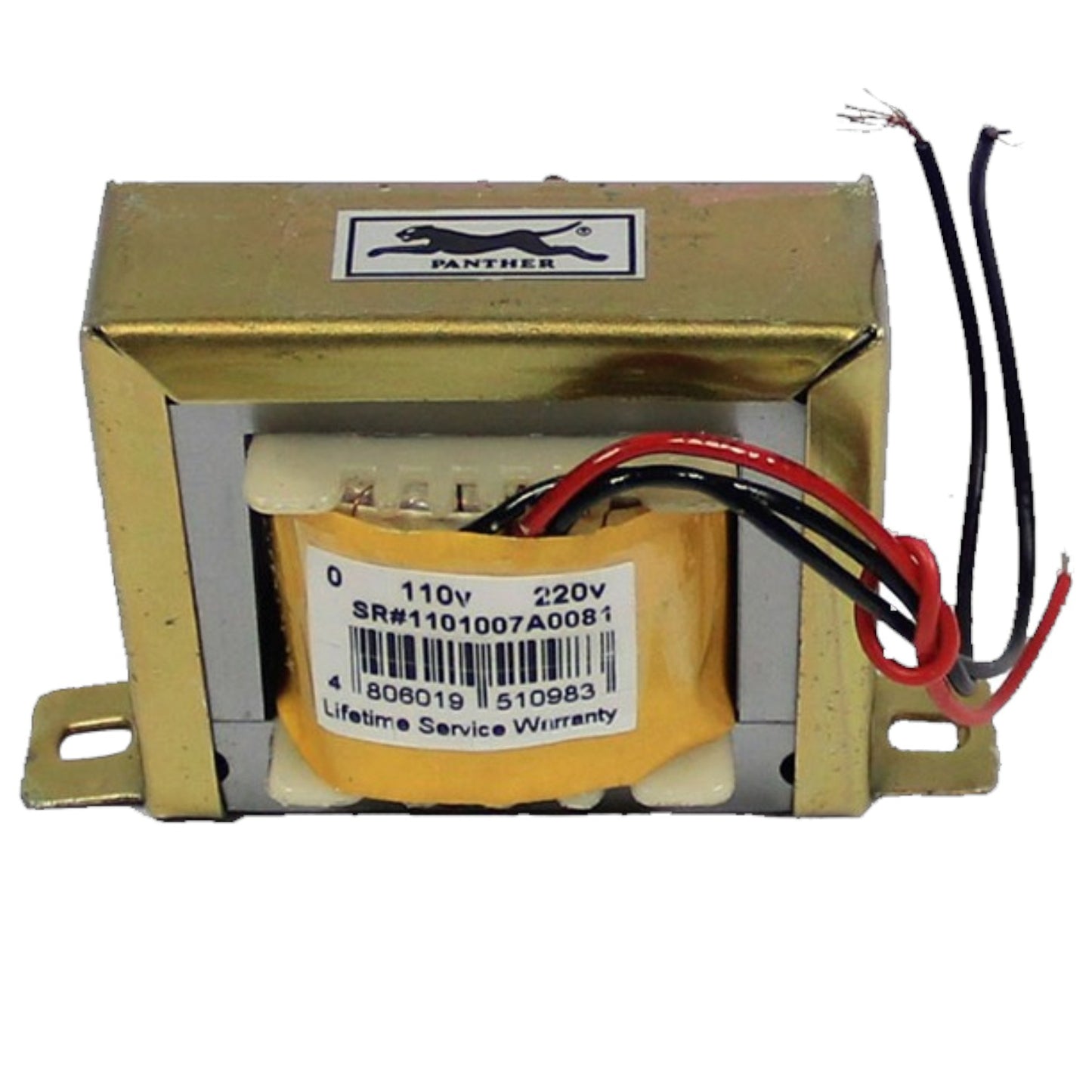 A gold-colored industrial transformer with a Panther brand logo on the top and a yellow label showing voltage specifications and a barcode, with attached red and black wires.