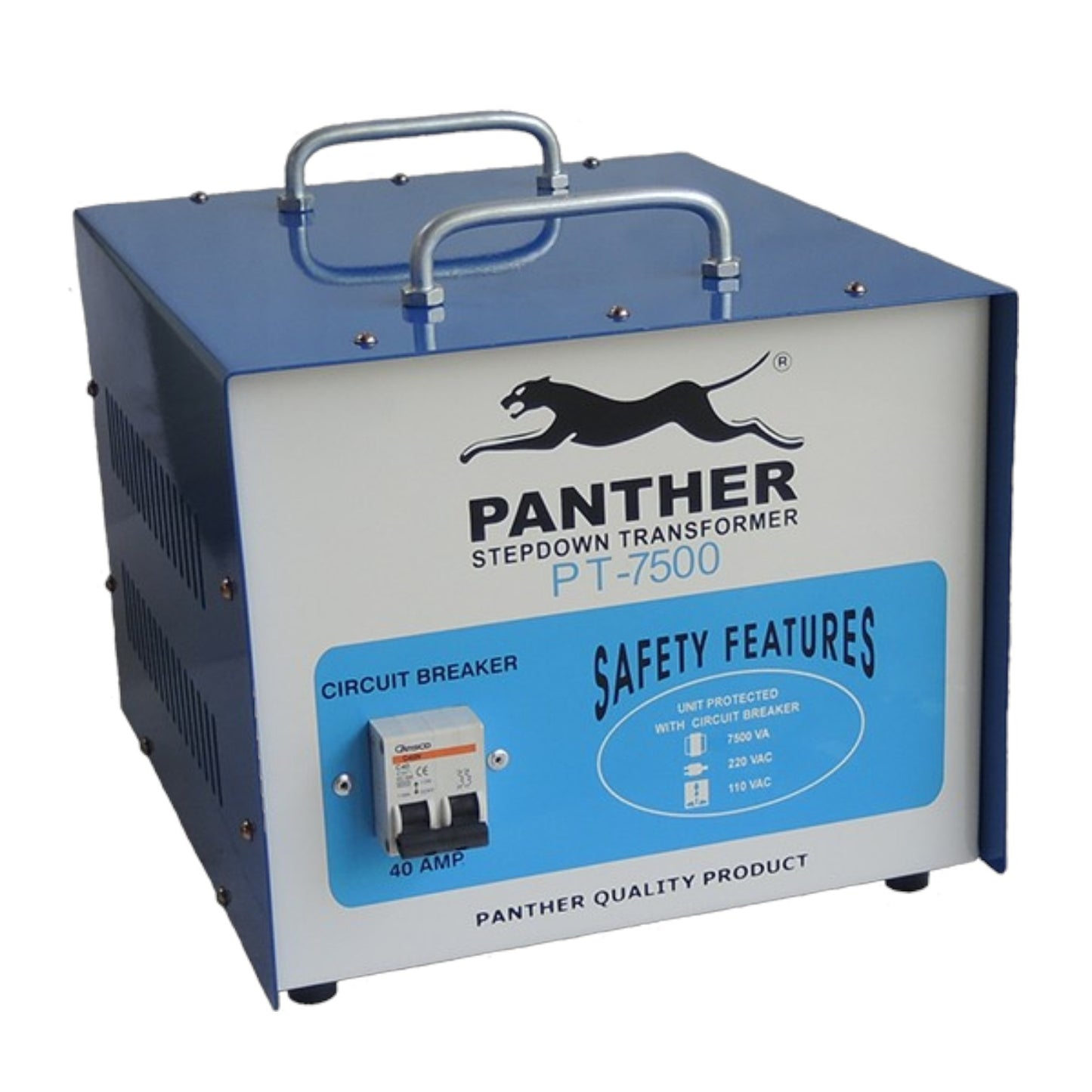 A Panther Stepdown Transformer PT-7500 electrical device with a blue and white metal casing, featuring a top handle, circuit breaker, and safety features label.