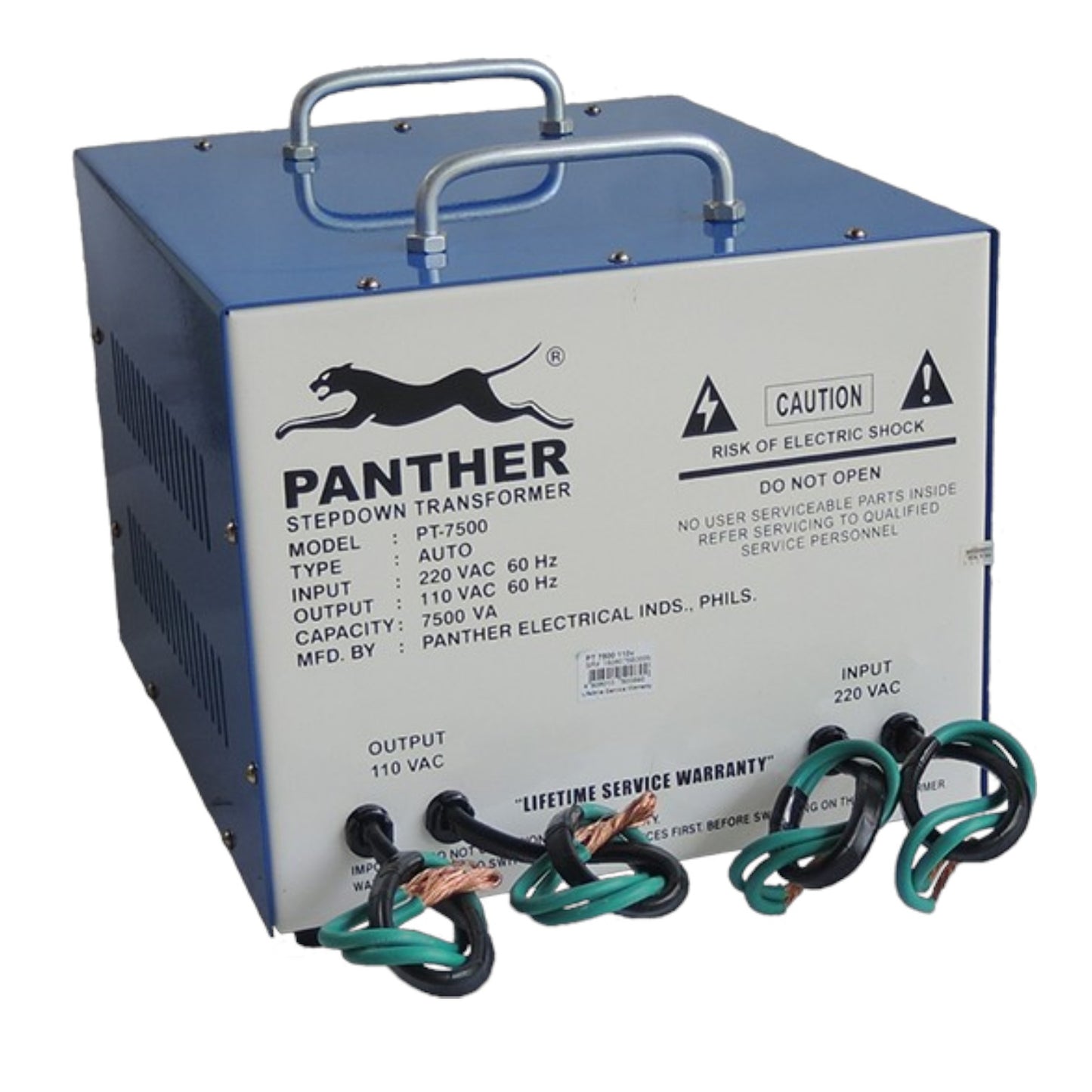 A Panther Electrical Industries stepdown transformer rated PT-7500, featuring a blue metal casing, a white front panel with black text and logo, two silver handles on top, and multiple green and black wire leads at the bottom, shown on a white background.
