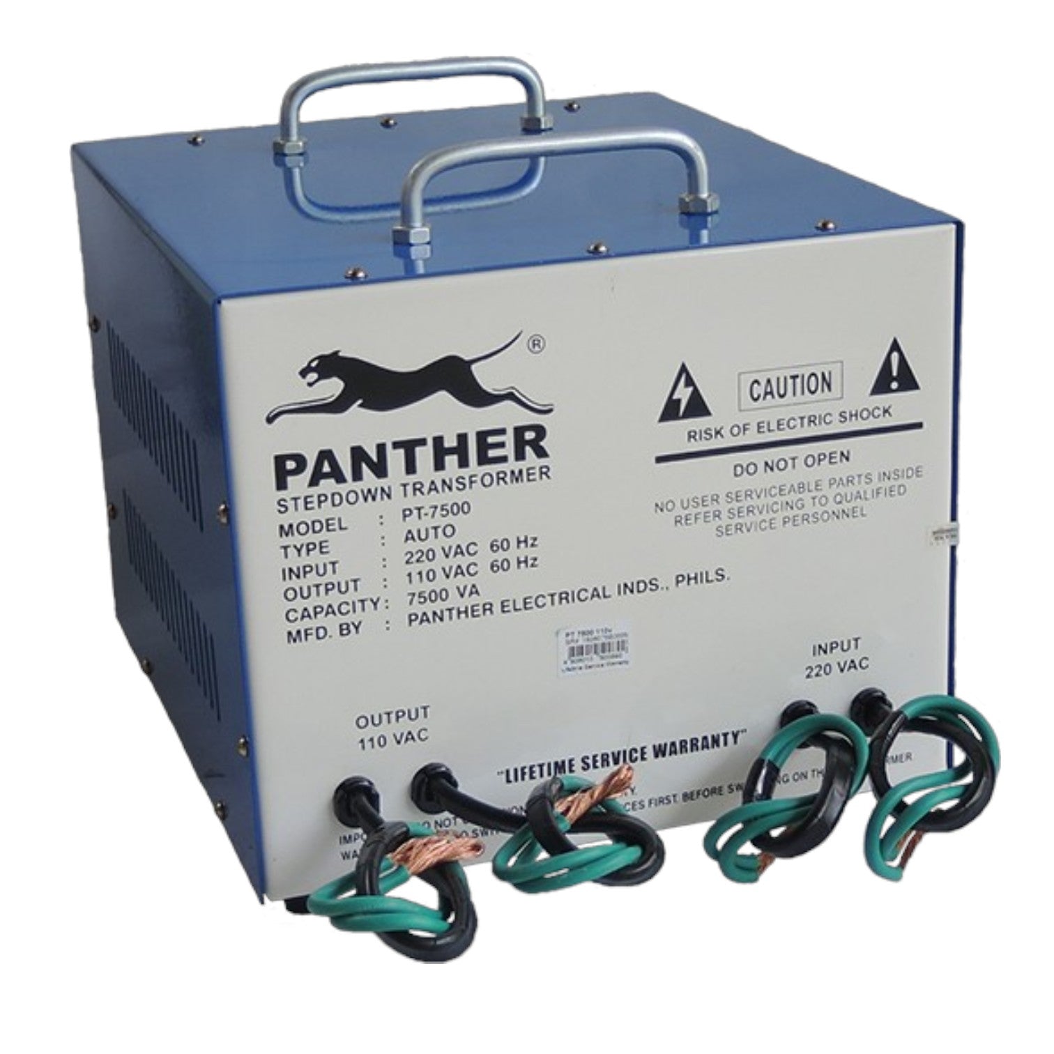 A Panther Electrical Industries stepdown transformer rated PT-7500, featuring a blue metal casing, a white front panel with black text and logo, two silver handles on top, and multiple green and black wire leads at the bottom, shown on a white background.