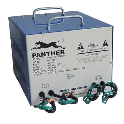 A Panther Electrical Industries stepdown transformer rated PT-7500, featuring a blue metal casing, a white front panel with black text and logo, two silver handles on top, and multiple green and black wire leads at the bottom, shown on a white background.