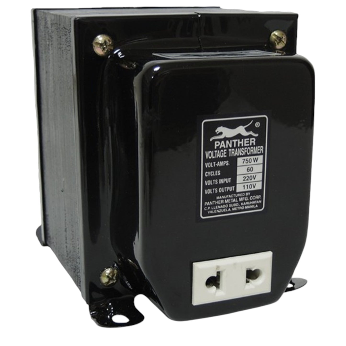 A Panther brand black voltage transformer with a white power outlet on the front face, shown against a plain white background.
