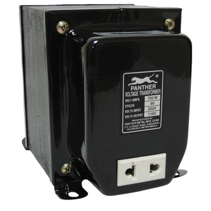 A Panther brand black voltage transformer with a white power outlet on the front face, shown against a plain white background.