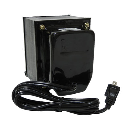 A black electrical transformer with a coiled power cord and a standard wall outlet plug, shown against a plain white background.