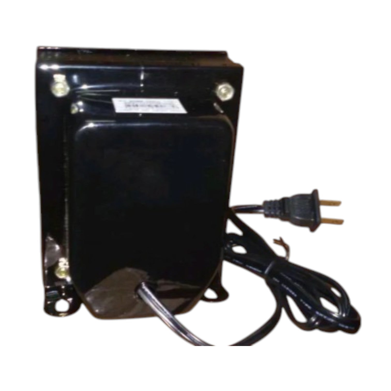 A black metal electrical transformer or power supply with a power cord and plug, shown against a plain white background.