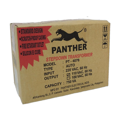 A cardboard box for a Panther electrical transformer, model PT-4078, shown on a plain white background. The box is brown kraft paper with a red starburst graphic on the left, a black panther logo, and black text detailing the product specifications.
