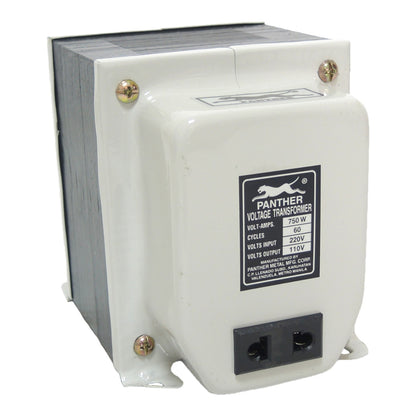 A Panther brand industrial voltage transformer with a white front casing, gray side panels, and a black label showing technical specifications.
