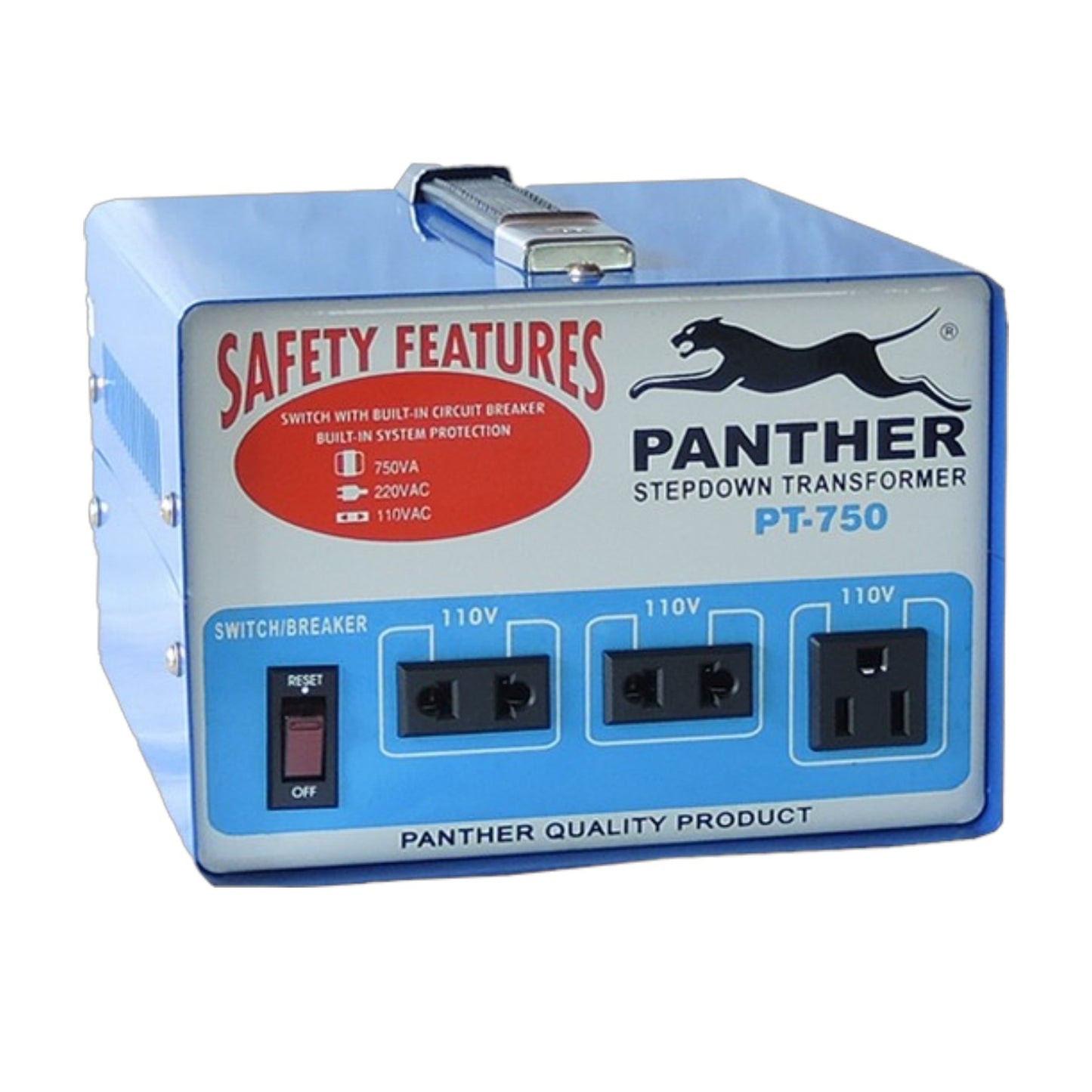 A Panther brand stepdown transformer power supply, model PT-750, featuring a blue metal casing, a front panel with a red safety features label, a black switch, and three 110V outlet sockets.