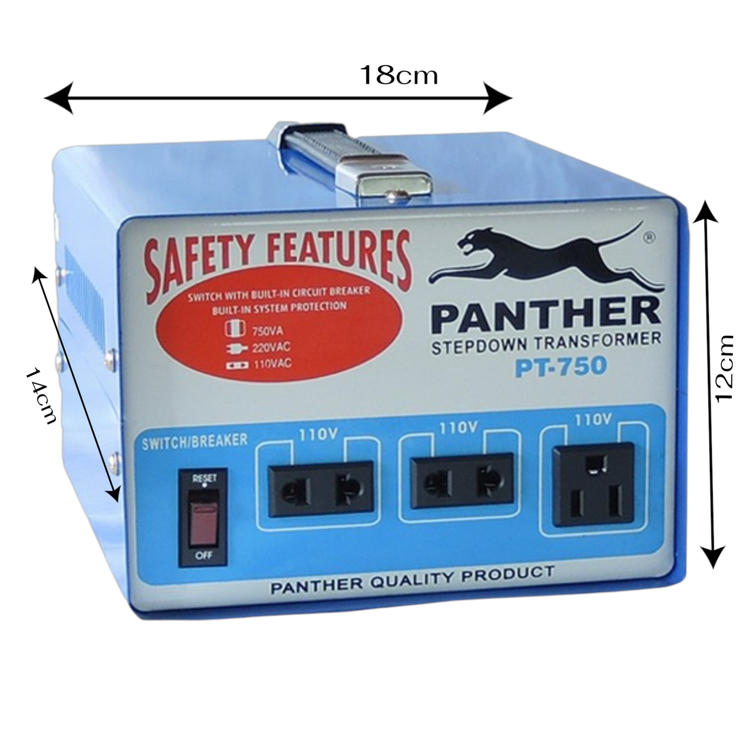 A blue and white Panther PT-750 stepdown transformer power supply with dimension arrows showing 18cm width, 12cm height, and 14cm depth, on a white background.