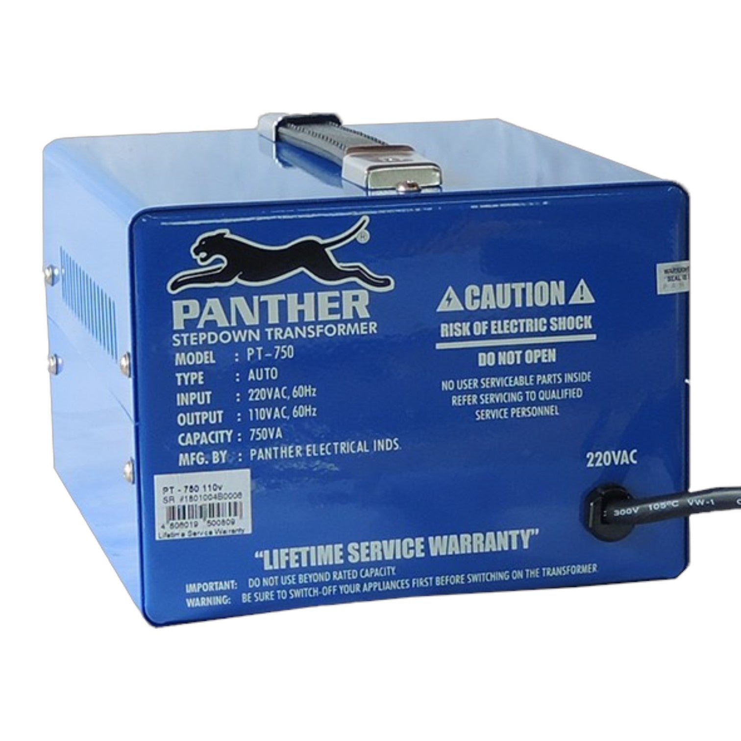 A blue Panther Stepdown Transformer (Model PT-750) by Panther Electrical Industries, featuring a metal handle on top, printed specifications, and a power cord plug on the right side, set against a plain white background.