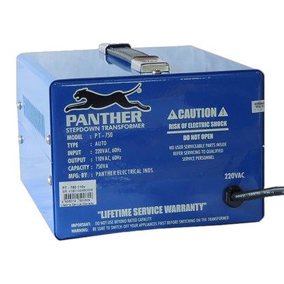 A blue Panther Stepdown Transformer (Model PT-750) by Panther Electrical Industries, featuring a metal handle on top, printed specifications, and a power cord plug on the right side, set against a plain white background.
