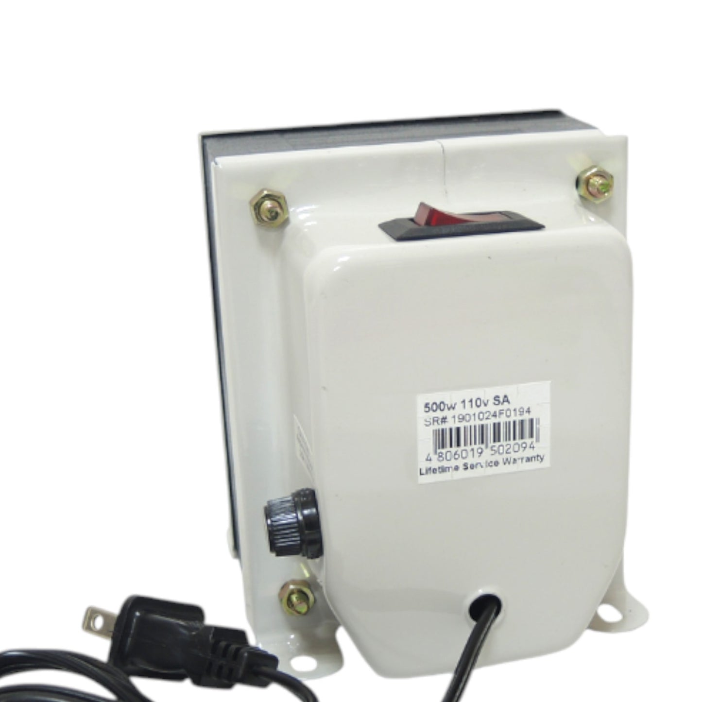 A 500W 110V SA power supply or transformer with a white plastic casing, a red switch, a black power cord, and a black terminal knob, shown on a white background.