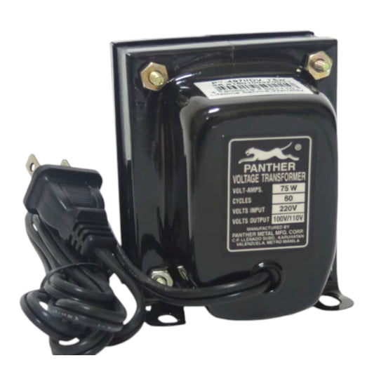 A Panther brand black metal voltage transformer with a power cord, shown on a plain white background.
