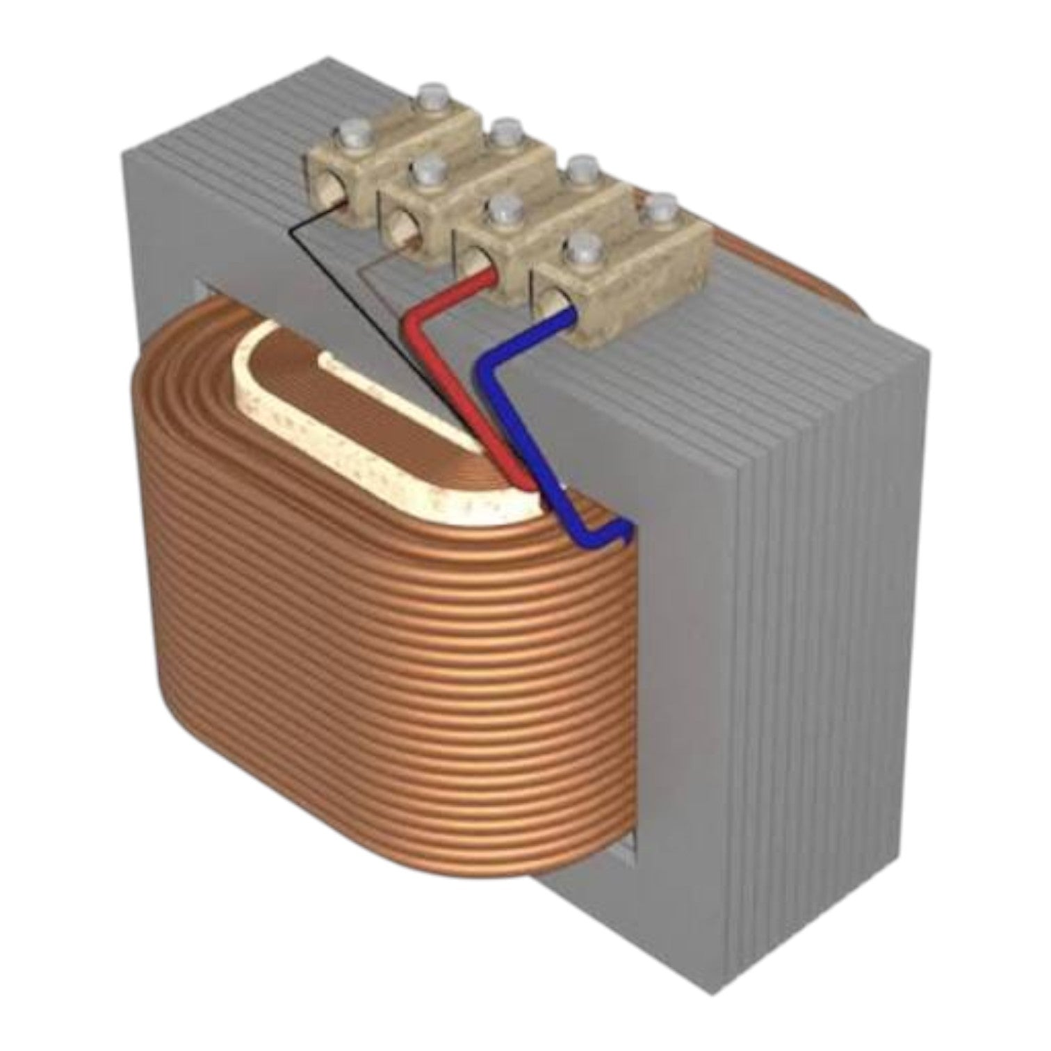 A 3D rendering of an electronic transformer component, featuring a gray core, copper-colored coils, and red and blue wire leads connected to terminal blocks, shown on a plain white background.