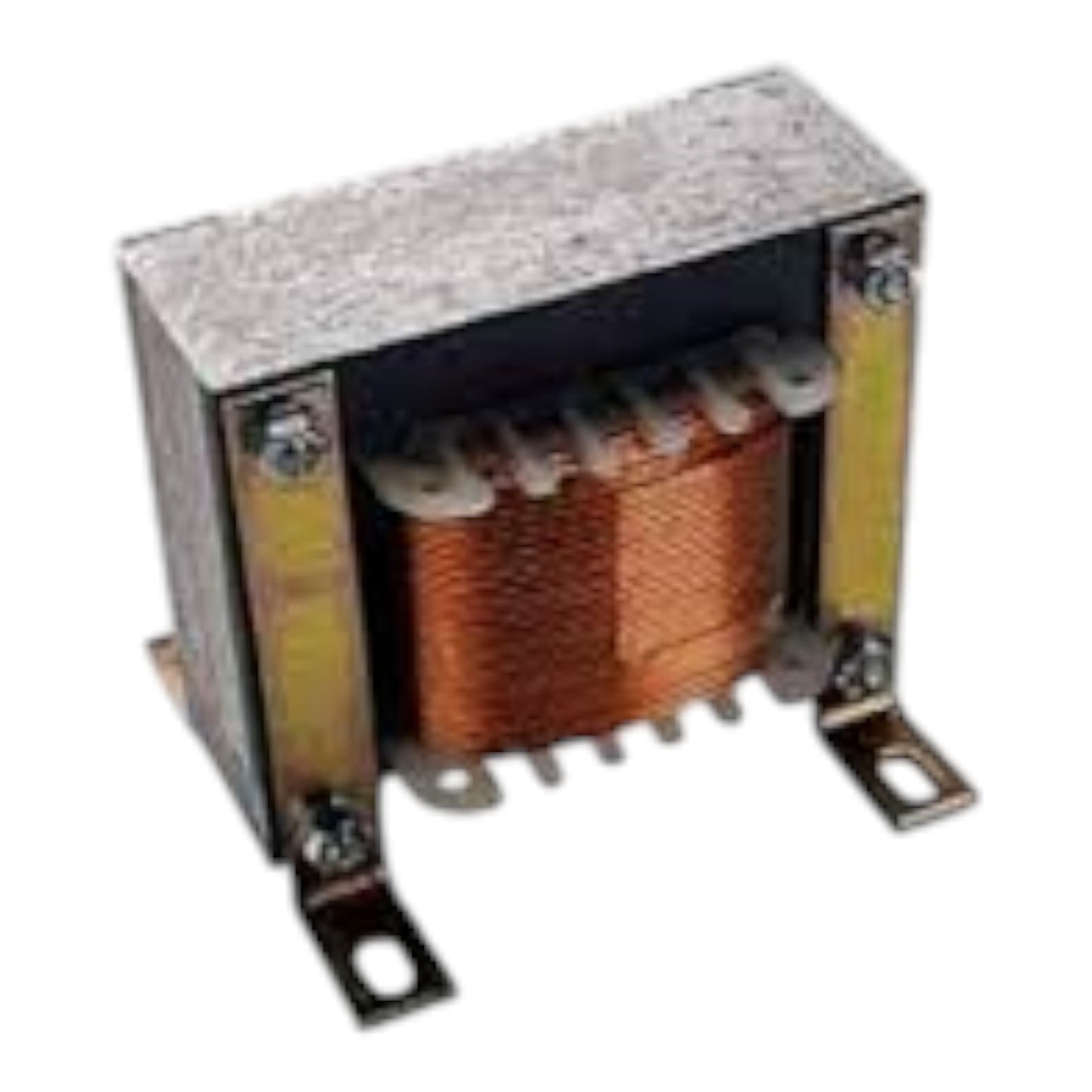 An industrial electrical transformer with a copper-colored wire coil inside a metal casing, shown on a plain white background.