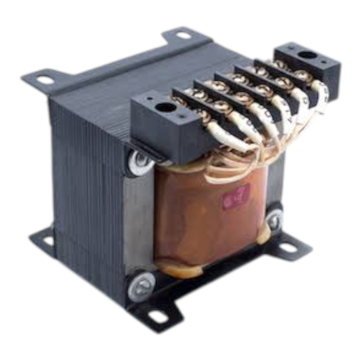 A square electrical transformer with a black ribbed metal casing, copper-colored core, and multiple terminal leads on top, isolated on a white background.