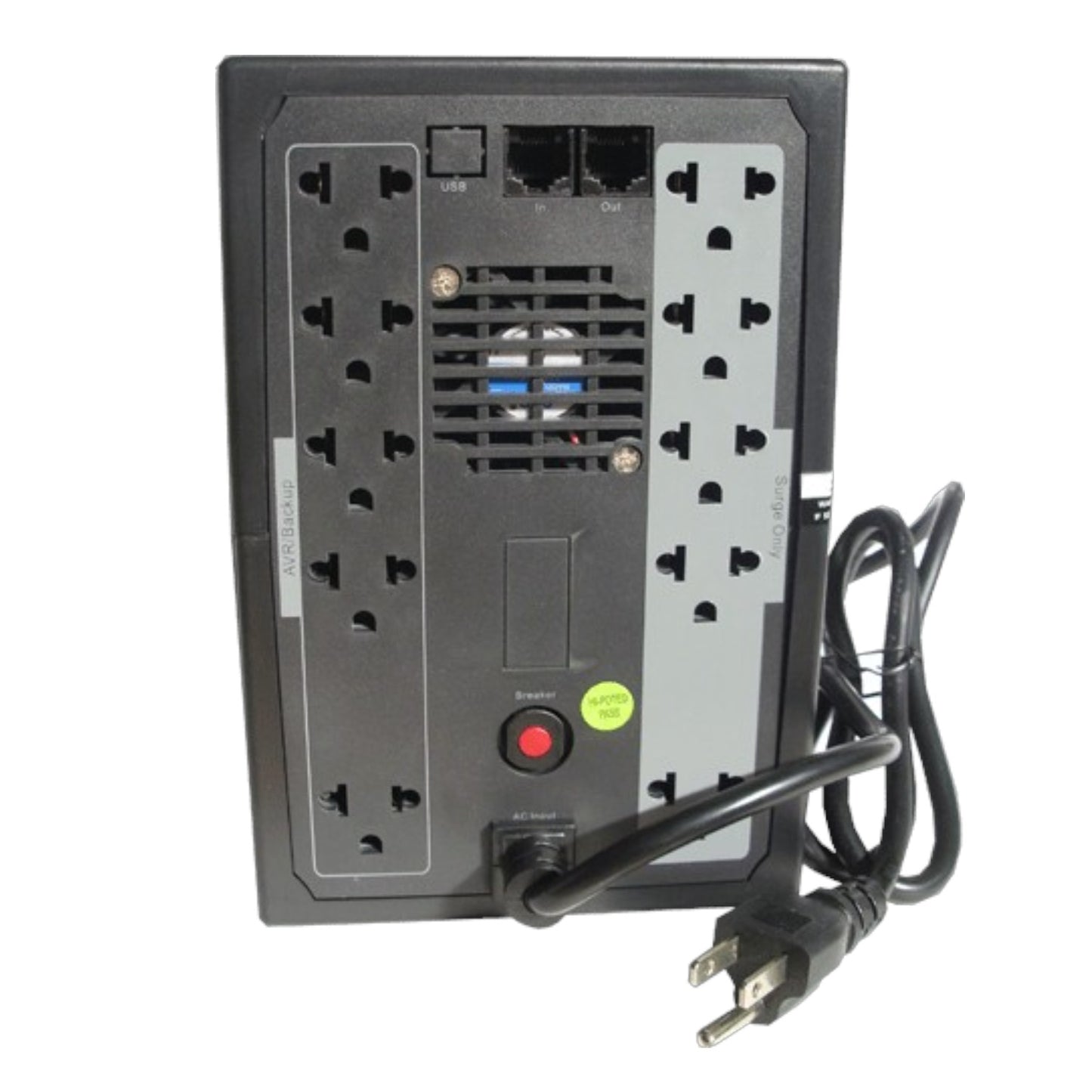 The rear view of a black UPS (Uninterruptible Power Supply) with multiple power outlets, two network ports, a red power button, and a black power cord with a two-prong plug, shown on a white background.