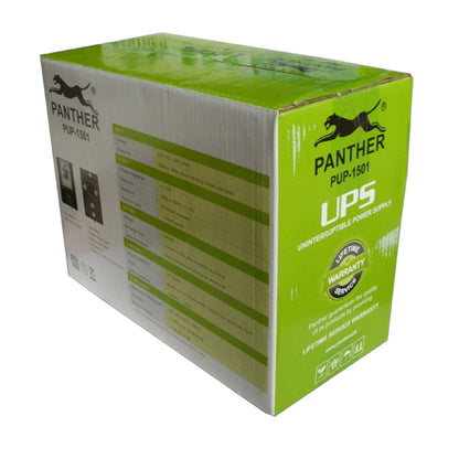 A green and white cardboard box for a Panther UPS PUP-1501 uninterruptible power supply, shown at a three-quarter angle on a white background.