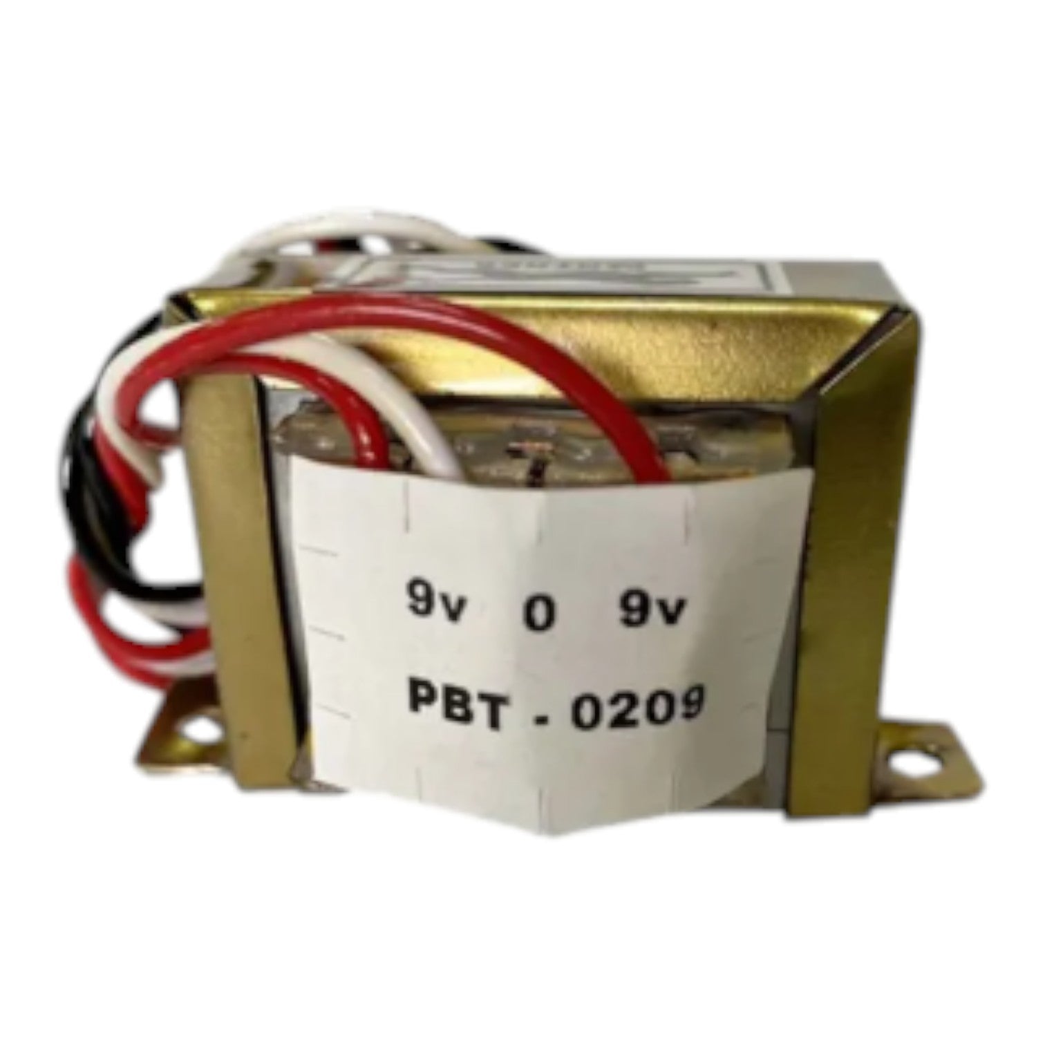 A small electronic transformer with a gold-colored metal casing, attached wires in red, white, and black, and a white paper label with the text '9v 0 9v' and 'PBT - 0209'.