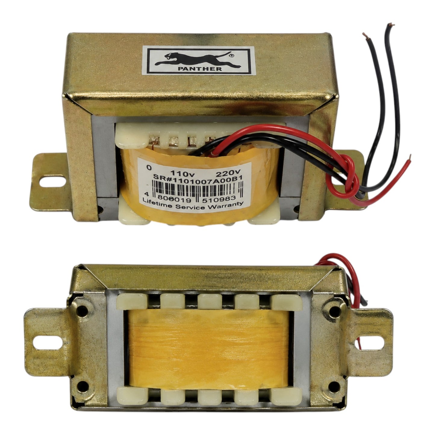 A 110V-220V power transformer with a gold-colored metal casing, a yellow paper core, and attached red and black wires, shown from both front and side angles on a white background.