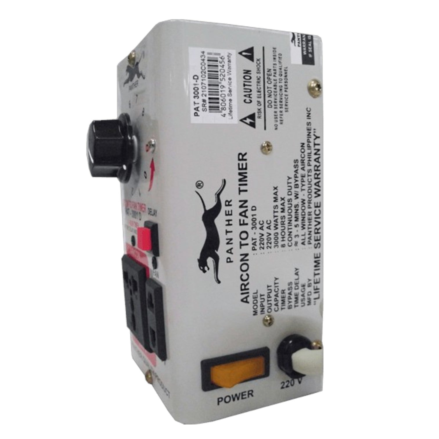 A Panther brand Aircon to Fan Timer electrical control box, featuring a gray metal casing with a black logo, a black rotary knob, dual power outlets, and a power switch on a white background.