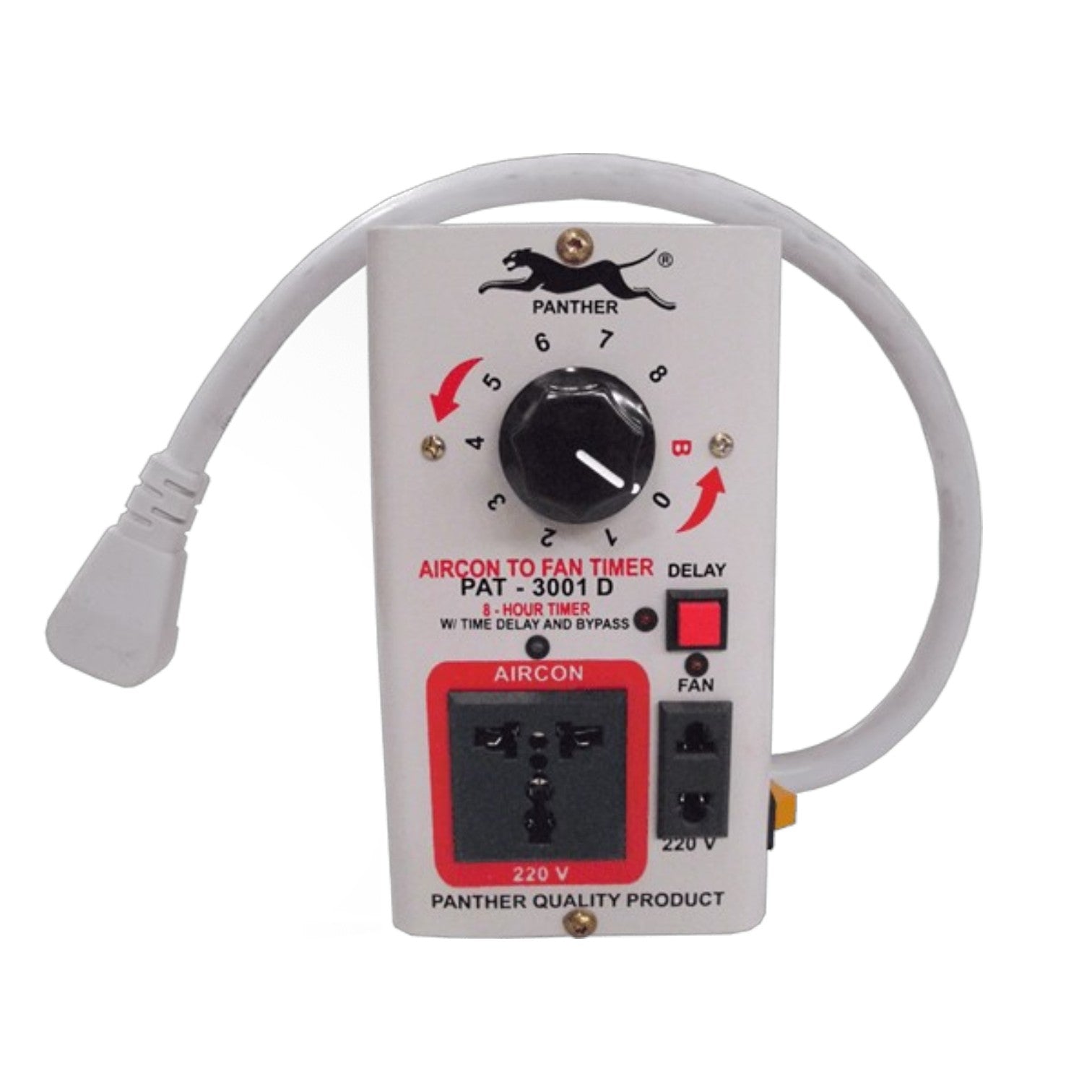 A white Panasonic air conditioner to fan timer switch with a black rotary dial, red and black power outlets, and a white power cord, shown against a plain white background.