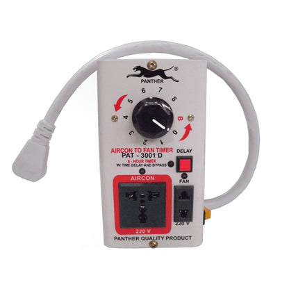 A white Panasonic air conditioner to fan timer switch with a black rotary dial, red and black power outlets, and a white power cord, shown against a plain white background.